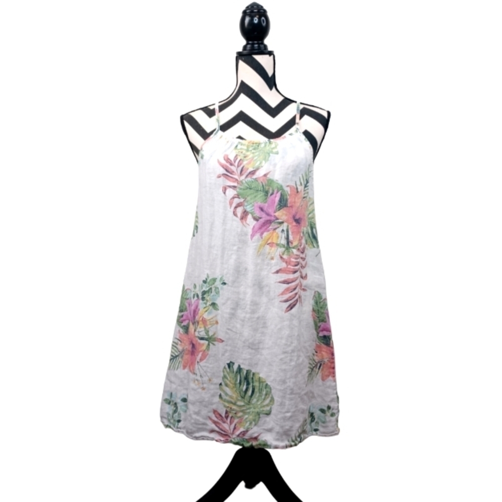 Lungo L'arno 100% Linen Botanical Floral Beachy Coastal Mini Dress